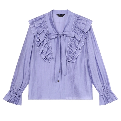 白鹿语荷叶边鸢尾紫开春衬衫