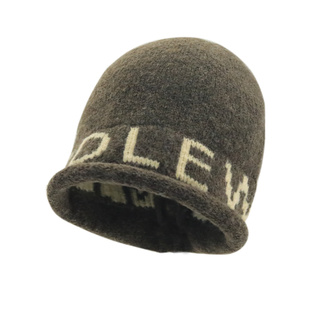 含羊毛韩版小众卷边字母针织冷帽女冬季大头围保暖毛线灰色堆堆帽