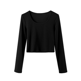 黑色圆领纯棉打底衫女2025新款冬季加绒修身内搭短款紧身长袖上衣