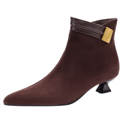 星期六2025新款绒面尖头细跟显瘦女短靴高跟切尔西通勤大码女短靴