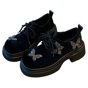 【TFM】2026年新款丝绒水钻厚底系带乐福鞋女百搭洋气复古小皮鞋