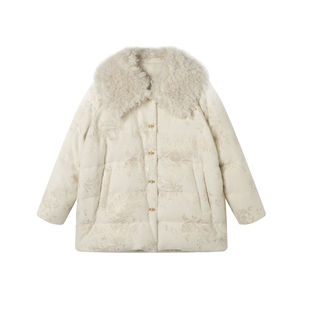 T6新中式科鲁达90白鹅绒提花奢感女长款毛领羽绒服-N77E701R