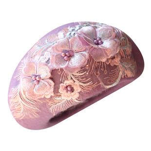 森系紫色羊毛呢贝雷帽手工钉珠蕾丝刺绣立体花朵画家帽女秋冬日系