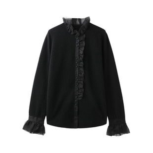 PENNYPENG折枝月桂 黑标系列欧根纱拼接双股28支羊绒气质长袖开衫