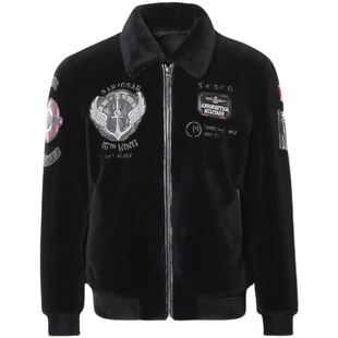 海宁青年真皮皮衣刺绣羊剪绒男修身短款机车皮草大衣羊毛外套厚潮