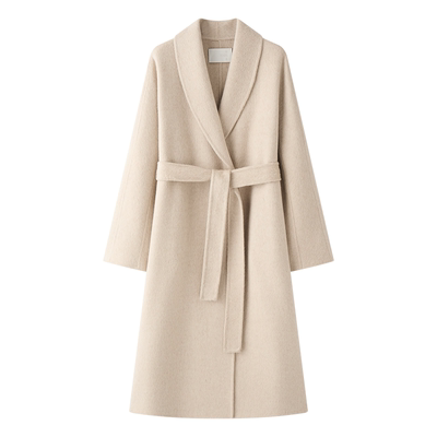 丝驼绒青果领系带长款双面呢大衣