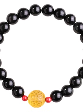 五台山乌金黑曜石琥珀回纹珠手串