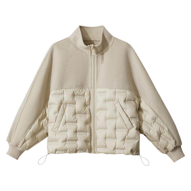 Amii2025冬新款立领拉链撞料拼接全羊毛双面呢羽绒服女蝙蝠袖上衣