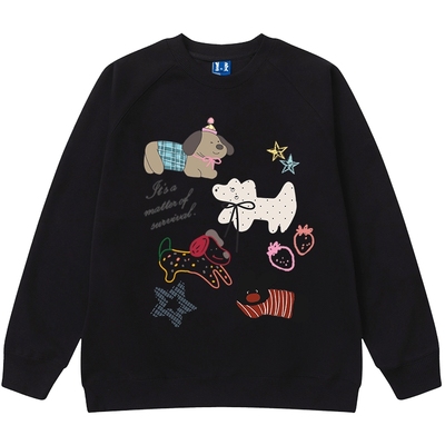 YEP黑色印花卫衣女春秋2025新款插肩袖套头无帽情侣装上衣潮加绒