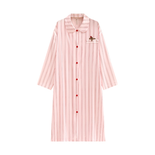 悦内睡裙女春秋款秋季长袖冰丝绸休闲条纹大码粉色长款开衫睡衣裙