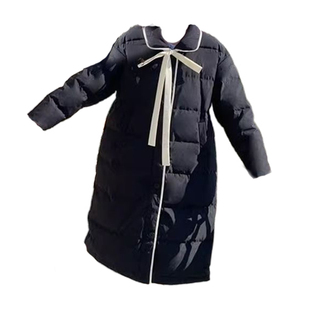 学院风拼色蝴蝶结娃娃领白鸭绒羽绒服女中长款甜美小香风冬装外套