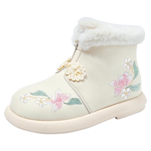 芭比童鞋女童棉鞋2025冬季绣花鞋古风加绒雪地靴儿童国风汉服鞋子