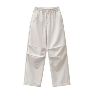 马登米白色加绒厚实保暖休闲褶皱工装伞兵直筒阔腿长裤子女士秋冬