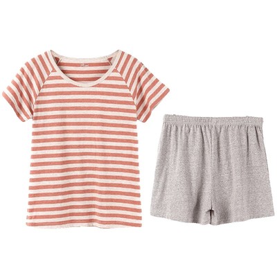 顶呱呱女纯棉短袖短裤条纹睡衣