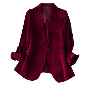 纯美波尔多酒红色进口三醋酸西装春季新品美艳有气质垂感十足外套
