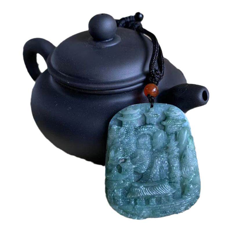 缅甸天然翡翠深蓝色山水牌挂件
