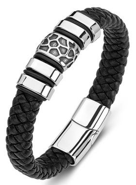 欧美朋克风钛钢手镯配饰黑色皮绳