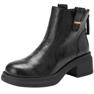 热风黑色时装靴女2025年冬季新款粗跟增高短靴子百搭马丁靴女鞋子