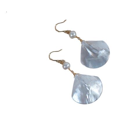 原创小众设计贝壳扇子珍珠耳环14k包金耳钩复古法式优雅耳饰40819