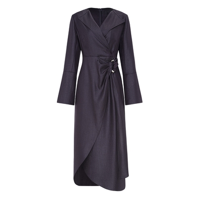 IDPAN围裹式不规则连衣裙长裙2025秋新款收腰显瘦通勤高级感裙子