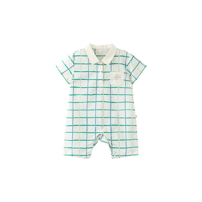 papa爬爬夏季儿童纯棉外出格纹爬服男女宝宝连体衣休闲舒适可爱