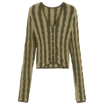 bebe冬季新款V领条纹针织开衫