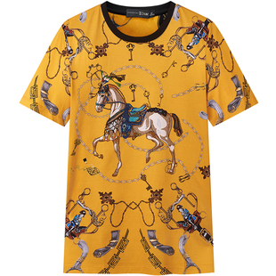 ZOUK欧货高端t恤男短袖马图案印花烫钻潮牌百搭男士休闲上衣夏季