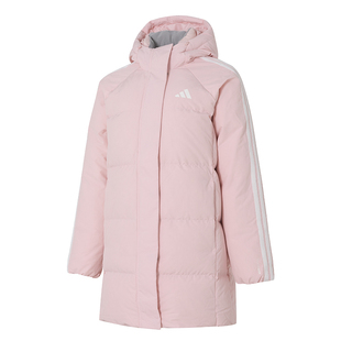 阿迪达斯粉色羽绒服女冬季新款运动棉衣中长款加厚鸭绒外套KC2484