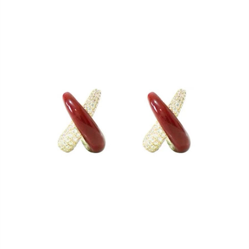 韩国气质红色交叉925银针耳钉