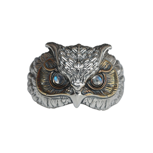 925纯银月光石宝石戒指男女通用复古猫头鹰指环 潮流高级感送朋友