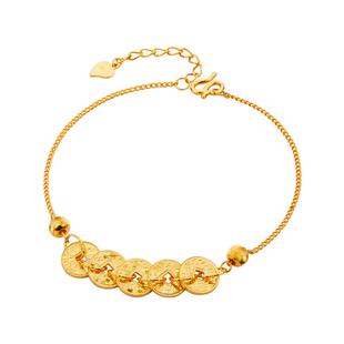 顺钦银楼S990足银手链女新中式碎冰冰五帝钱纯银手饰生日礼物好运