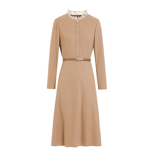 【商场同款】JESSIE驼色复古高级感长袖连衣裙女冬收腰显瘦中长裙