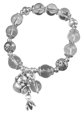 女式白水晶手链s925银复古手链足银招财猫吊坠手链个性水晶礼饰品