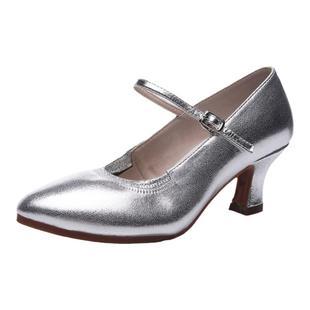 舞鞋女软底真皮中高跟银白色交谊摩登拉丁广场维族新疆舞蹈鞋