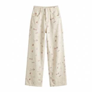 白杏色小熊印花牛仔裤2026春季新款微喇叭小众高腰直筒阔腿拖地裤