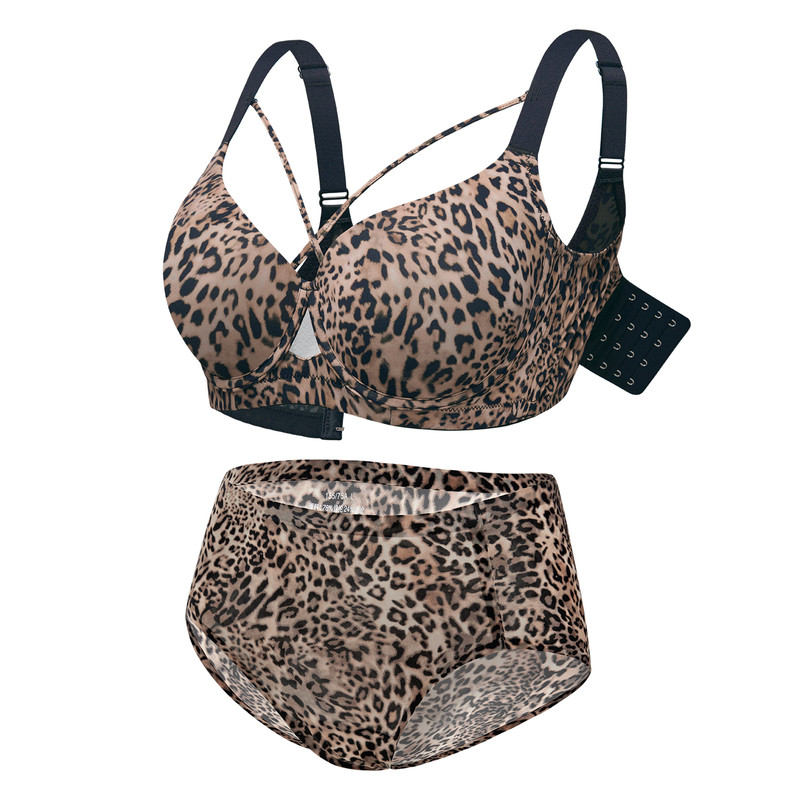 糖粒大胸性感豹纹聚拢防下垂套装