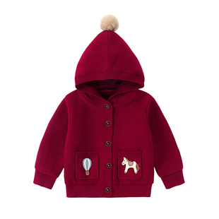Oak mont宝宝加绒毛衣开衫秋冬季儿童连帽针织衫婴儿红色圣诞外套