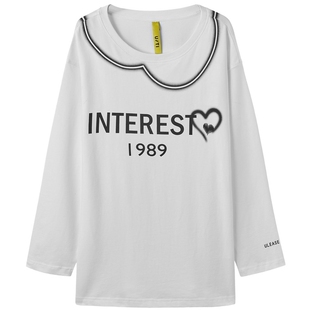 U/TI白色假海军领长袖T恤女 时尚学院风短袖上衣尤缇2023秋季新款