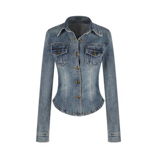 港风复古正肩修身收腰牛仔衬衫外套女早秋衬衣设计感短款夹克上衣