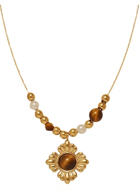 GGW 中古风焦糖美拉德串珠虎眼花钛钢项链花朵丝绒虎眼石锁骨链