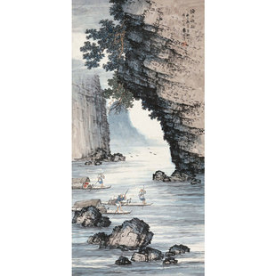 袁松年渔舟晓发山水画中国画名画复制品微喷画心名人字画装饰画