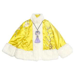 原创轻奢獭兔毛镶边软缎中式刺绣元素中国风上衣冬款棉袄外套女装