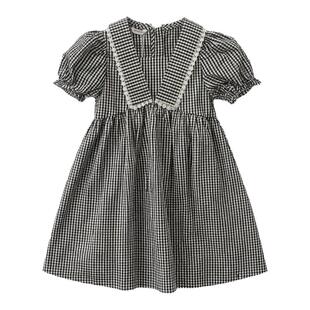 商场同款Abckids女童韩版格子泡泡袖连衣裙学院风短袖小裙子