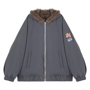 KEIKO [正反两穿]猫耳朵座山雕毛领外套冬季新款加厚毛毛派克棉服