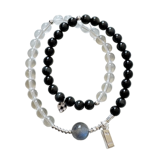 手链女款2025新款黑曜石灰月光白水晶手串轻奢小众精致高级感叠戴