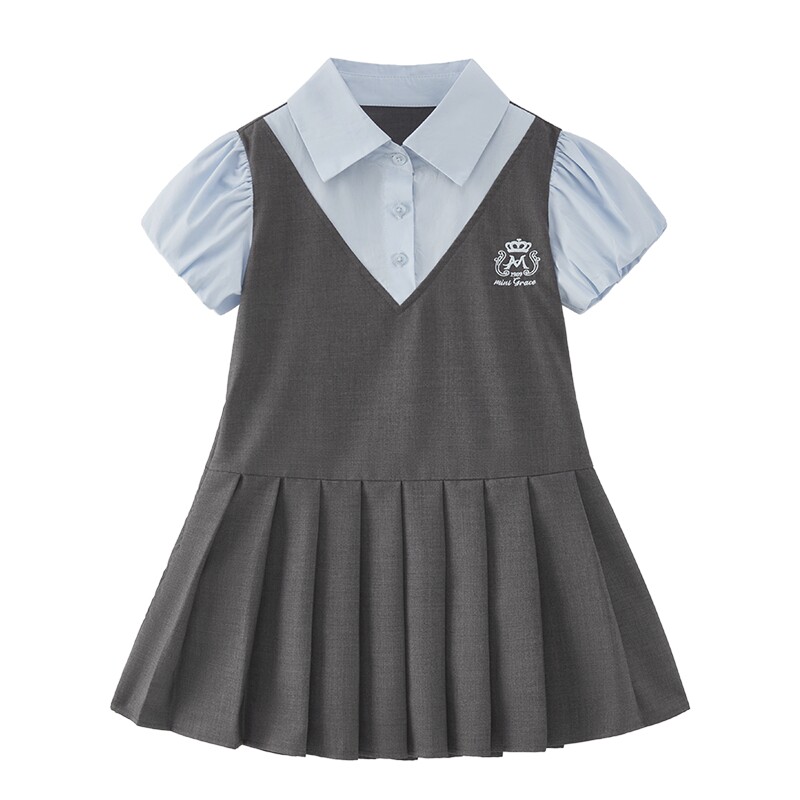 女童夏季裙子宝宝短袖公主洋气女大童夏装假两件儿童学院风连衣裙