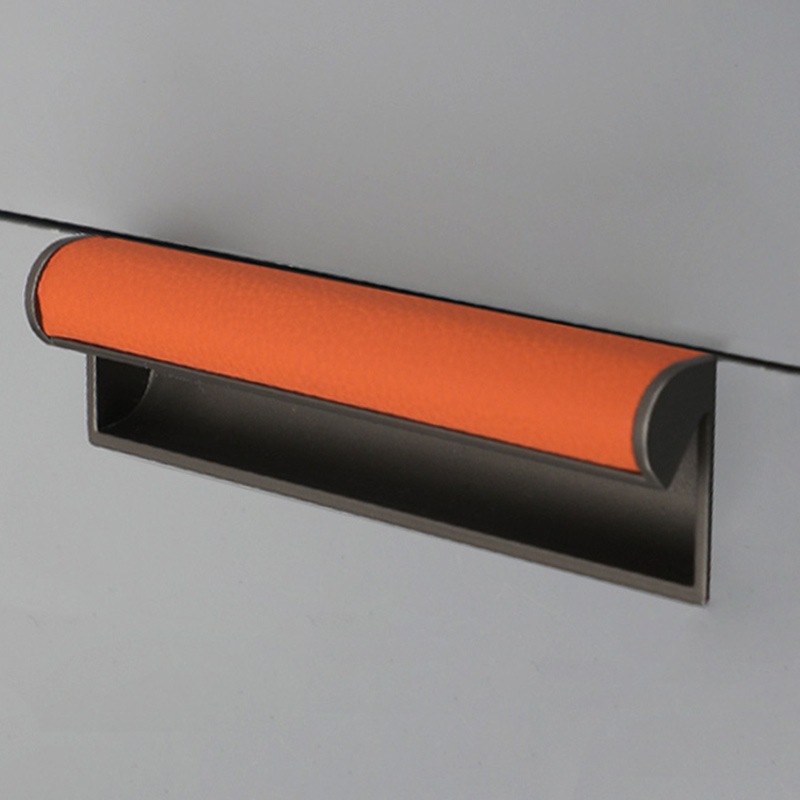 北欧轻奢彩色真皮内嵌隐形高档灰色衣柜棕色把手抽屉门拉手柜子