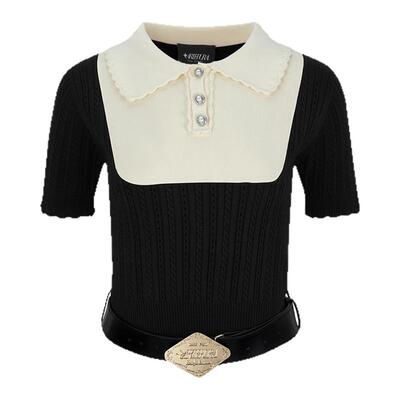 金属皮带腰拼色针织短袖上衣