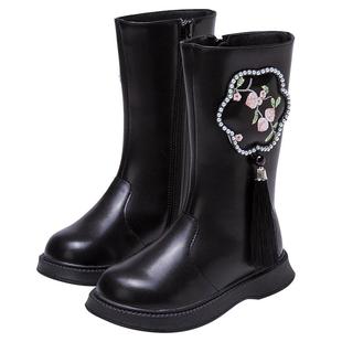 富罗迷女童靴子儿童长筒靴冬季新款小女孩加厚雪地女款黑色高筒靴