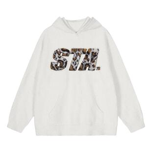 STA重磅保暖连帽毛衣基础豹纹字母男士宽松潮流休闲针织情侣衫
